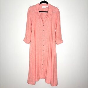 Calypso St. Barth Linen Button Front Midi Shirtdress Coral Pink Orange Size L